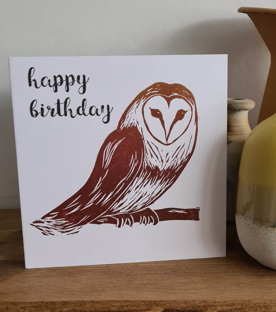 Brown owl birthday card handprinted original linocut art