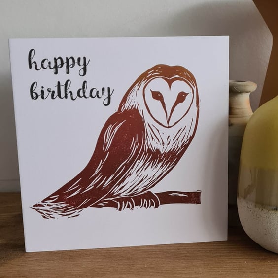 Brown owl birthday card handprinted original linocut art