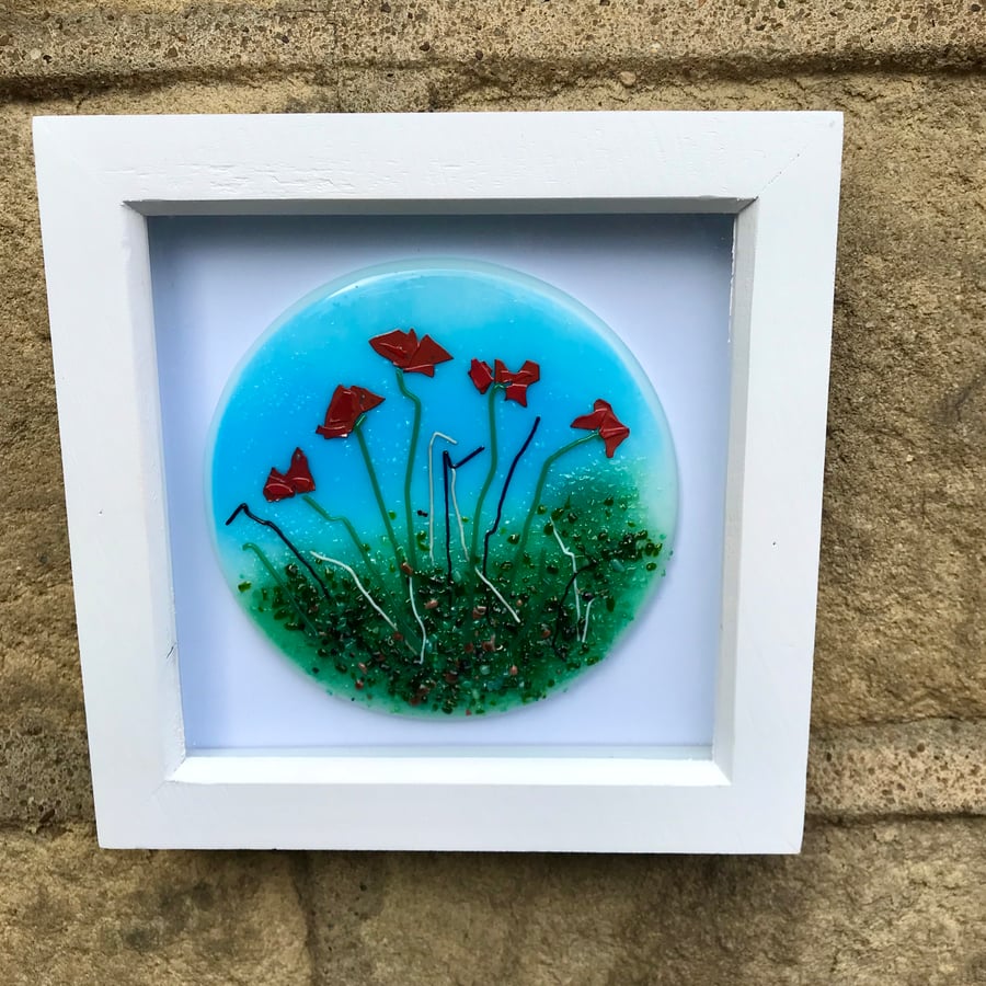 Poppy fused glass art, flowers, mother’s day gift, framed wall art