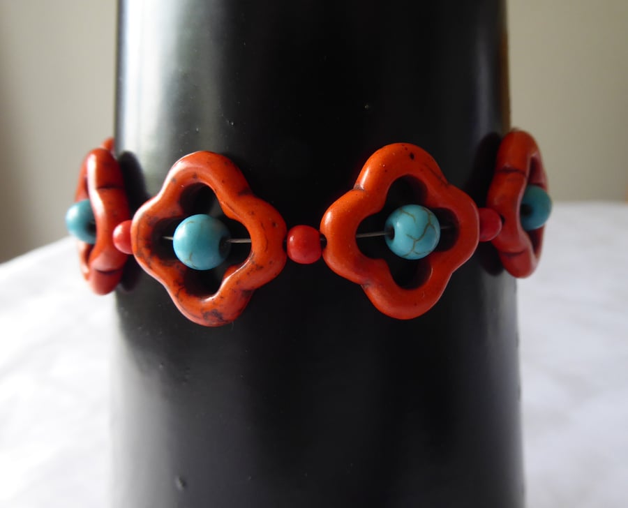 Dyed Turquoise Flower Bracelet Orange - Adjustable up to 8 inches