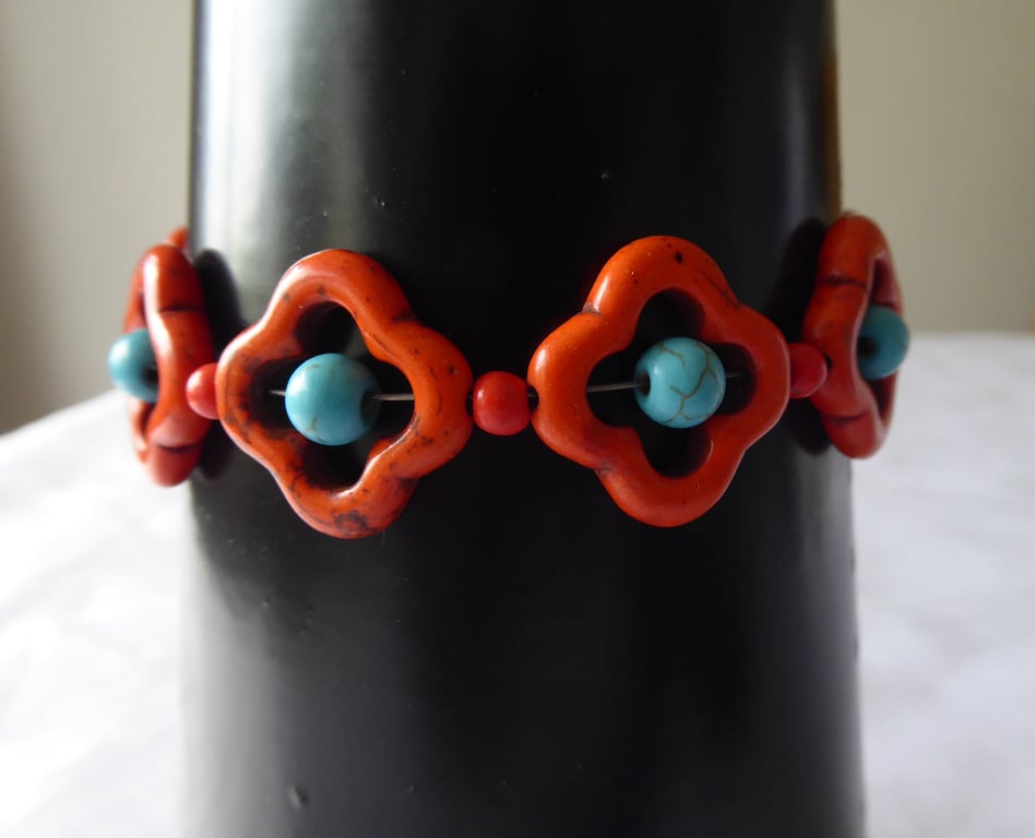 Dyed Turquoise Flower Bracelet Orange - Adjustable up to 8 inches