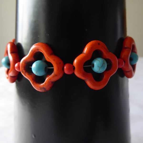 Dyed Turquoise Flower Bracelet Orange - Adjustable up to 8 inches