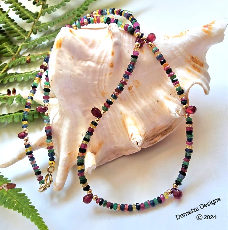 Designer African Ruby, Ombre Sapphires, Emerald, Necklace 'ONE OFF' 9k Gold