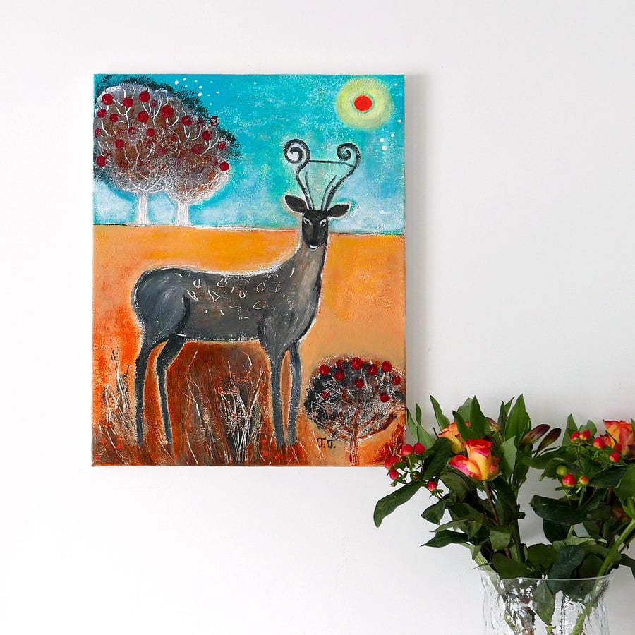 Deer Painting, Autumn Landscape Artwork, Naive Art, Devon Artist