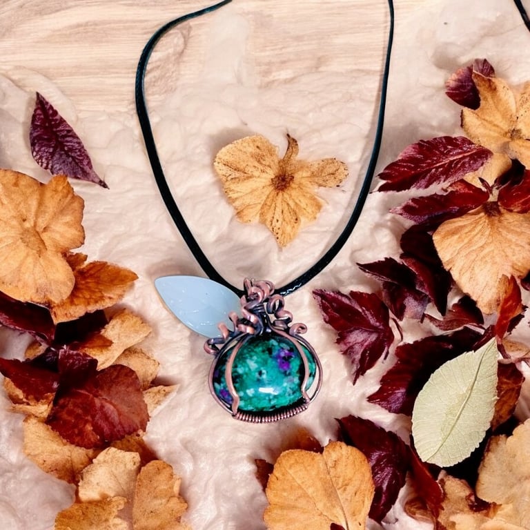 Oxidised Copper Ruby Zoisite Pumpkin Necklace 16”  Cord