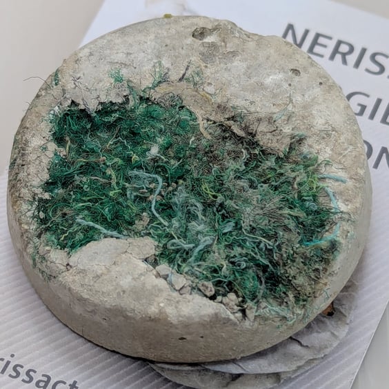 Green textile and papercrete Mixed Media Round 50mm Brooches