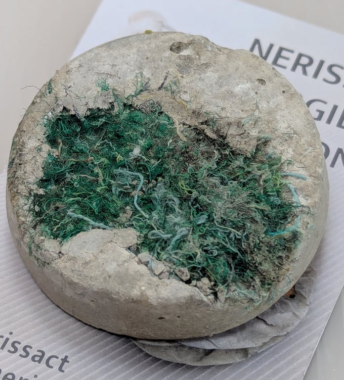 Green textile and papercrete Mixed Media Round 50mm Brooches