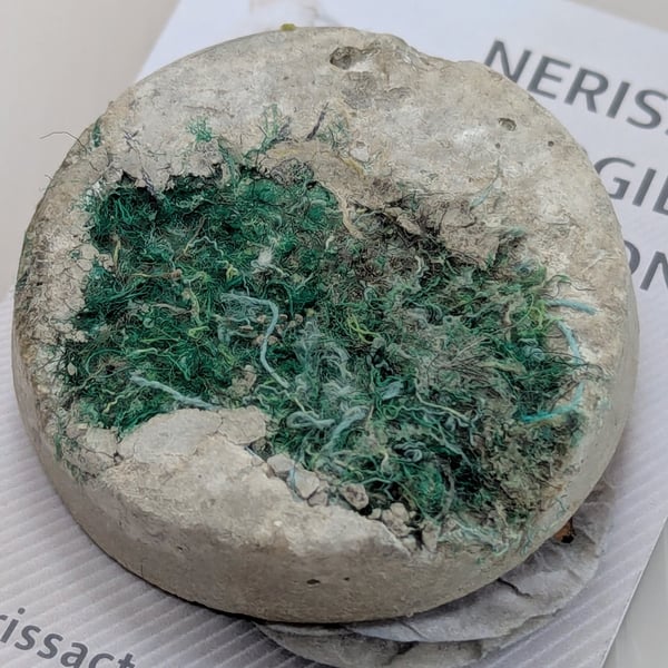 Green textile and papercrete Mixed Media Round 50mm Brooches