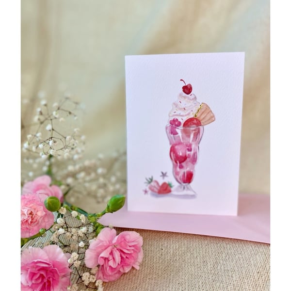 Strawberry sundae Ice Cream Greeting Card for a variety of occasions with Bio Gl