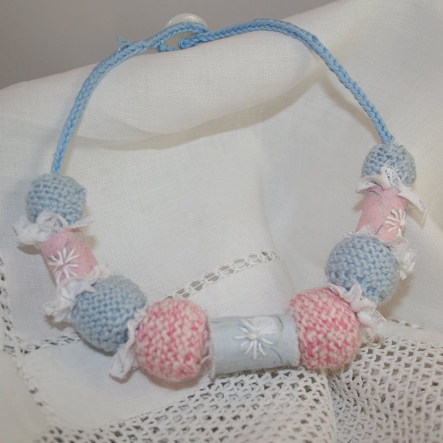 Pastel Beads - Textile necklace of knitted, lace and embroidered fabric beads