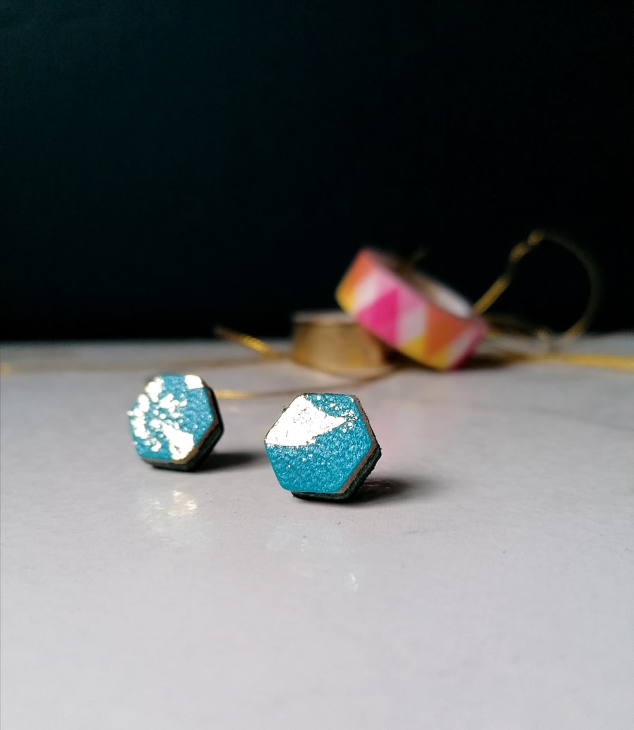 Hexagon Stud Earrings - Repurposed Leather - Turquoise