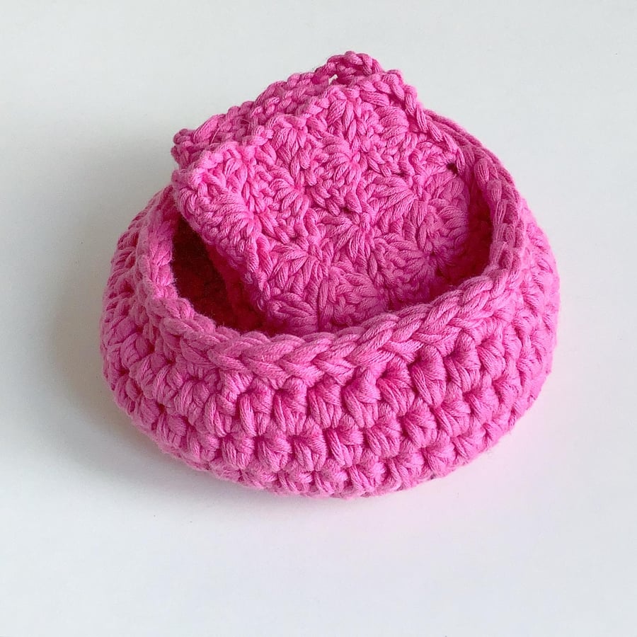 Crochet bowl, hot pink facecloth, organic cotton spa set