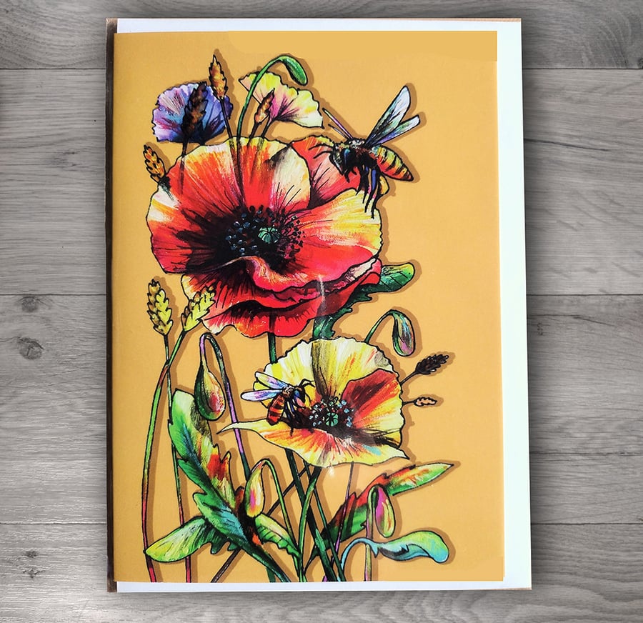 Blank card poppies and honeybees watercolour print