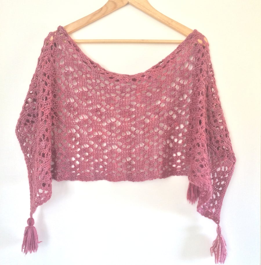 Hand knit pink lace shawl in cherry red pink 