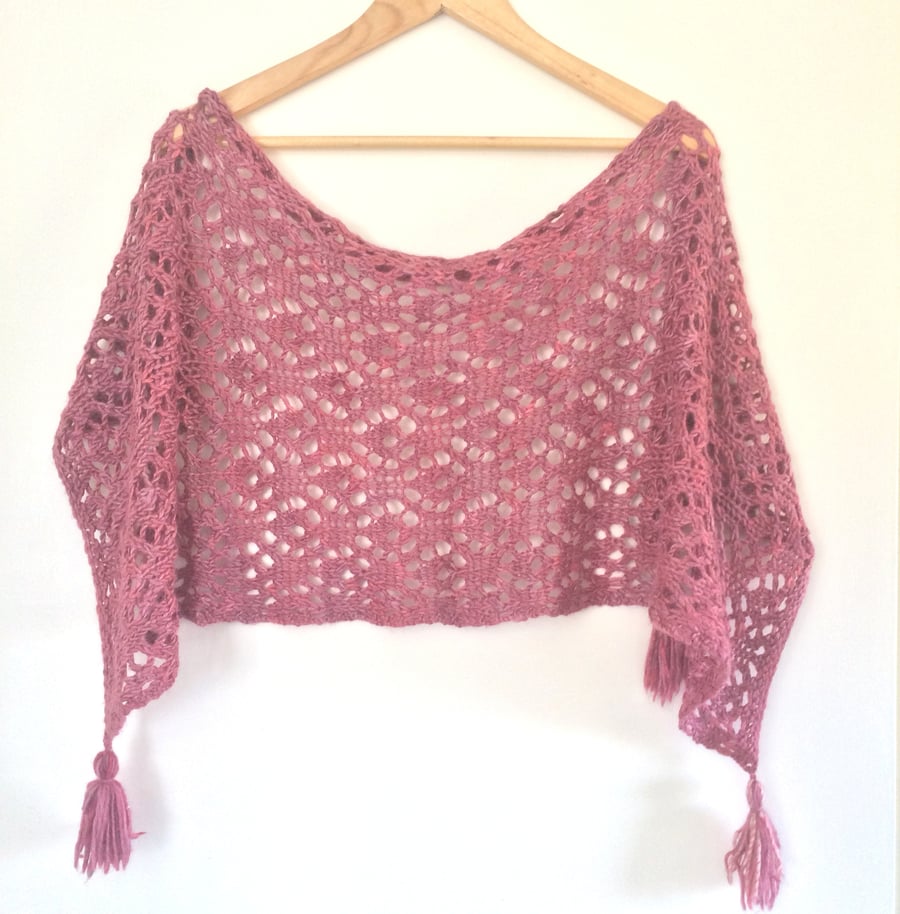 Hand knit pink lace shawl in cherry red pink. Perfectly imperfect