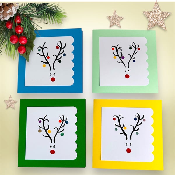 Set of 4 Rudolph hand painted watercolour Christmas cards 