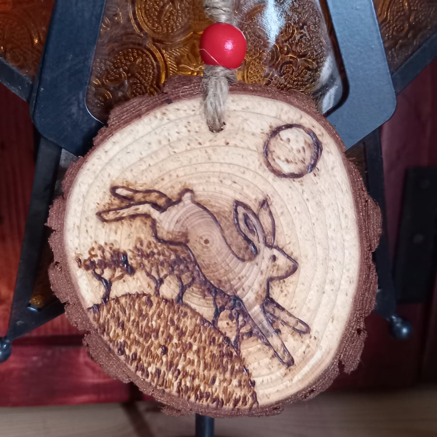 Pyrography hare & landscape wood slice hanging decoration