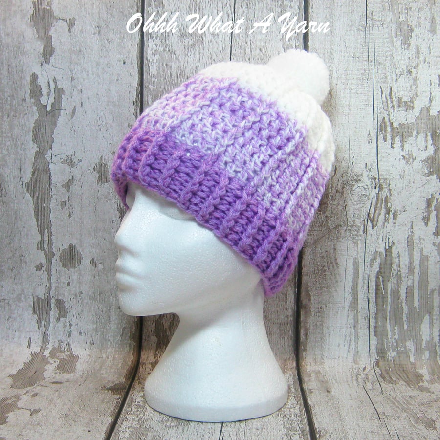 Lilac and white crochet ombre chunky ladies hat, chunky hat, ladies pom pom hat.