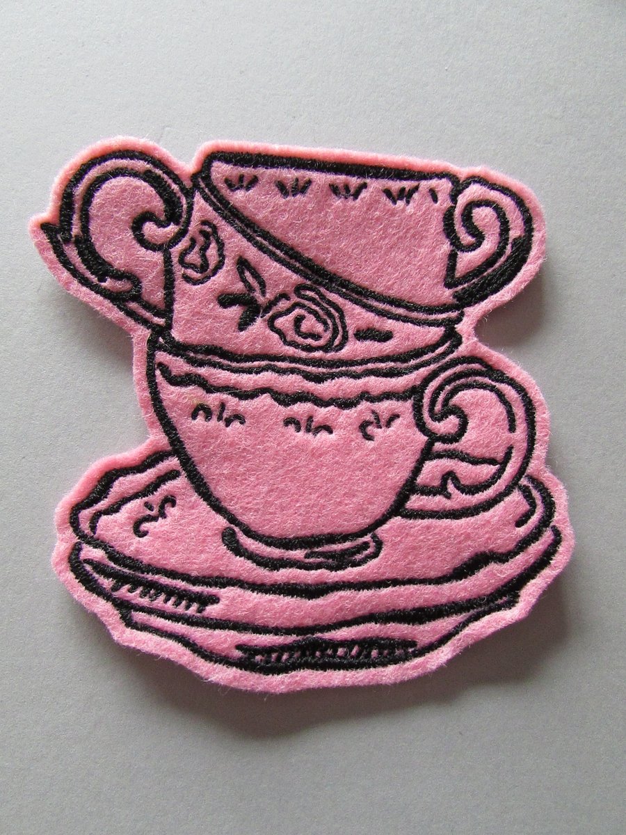 Pink teacup stack Embroidered Sew on Applique Patch