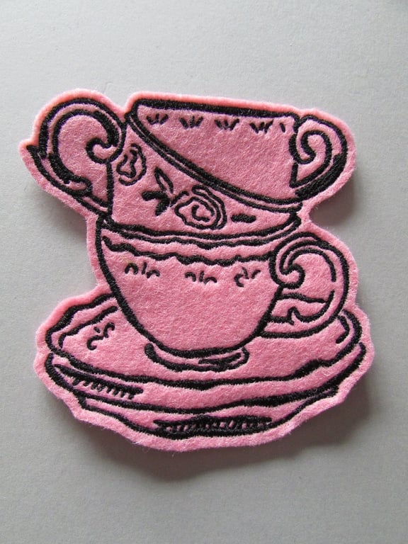 Pink teacup stack Embroidered Sew on Applique Patch