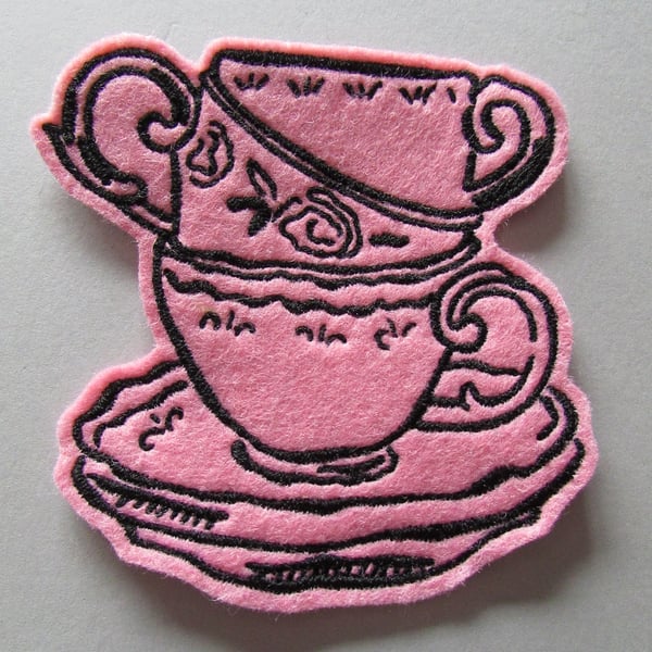 Pink teacup stack Embroidered Sew on Applique Patch