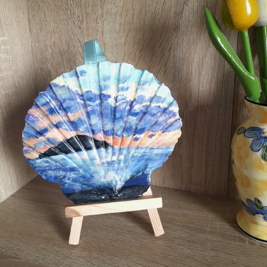 Handpainted Scallop Shell Wall Art, Sunrise over the sea in Magaluf.  