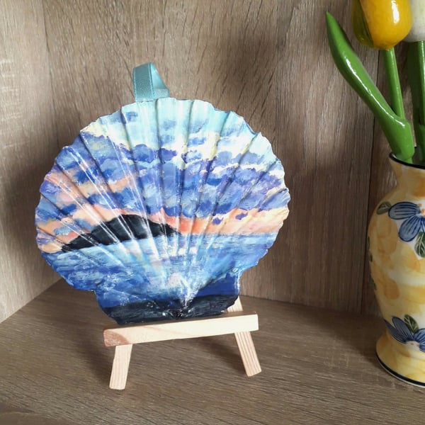 Handpainted Scallop Shell Wall Art, Sunrise over the sea in Magaluf.  