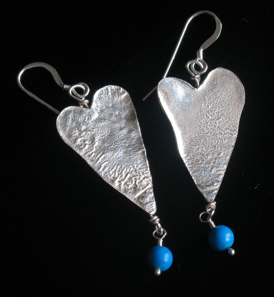 Silver heart dangle earrings with Turquoise accent