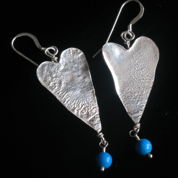 Silver heart dangle earrings with Turquoise accent