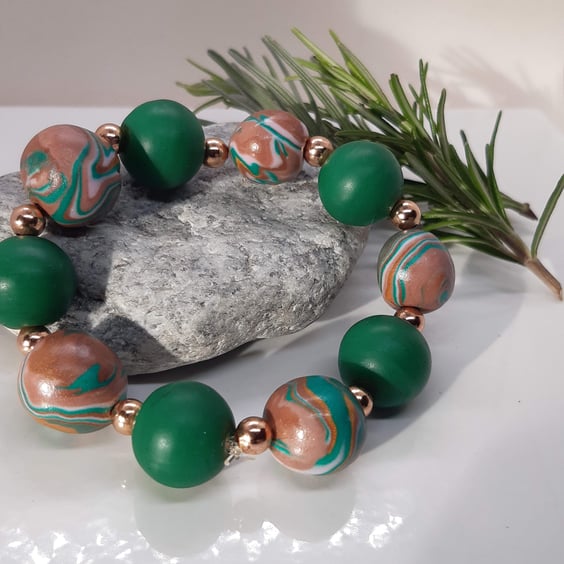 Polymer clay bracelet in green and biscotti brown