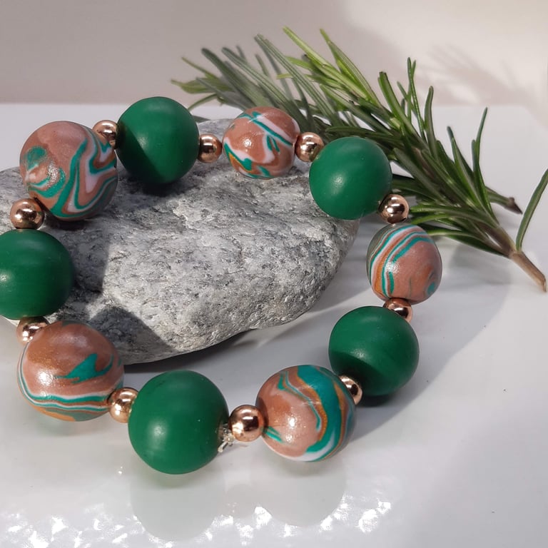 Polymer clay bracelet in green and biscotti brown