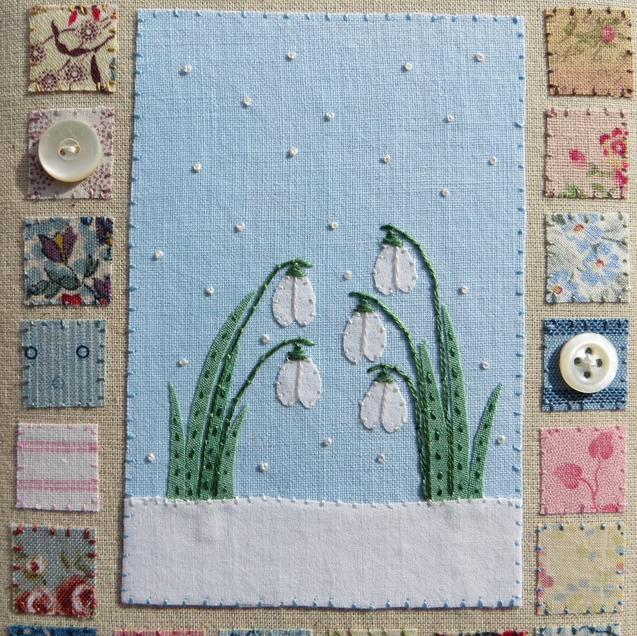 Snowdrops small hand-stitched framed vintage fabrics, hand-dyed intricate