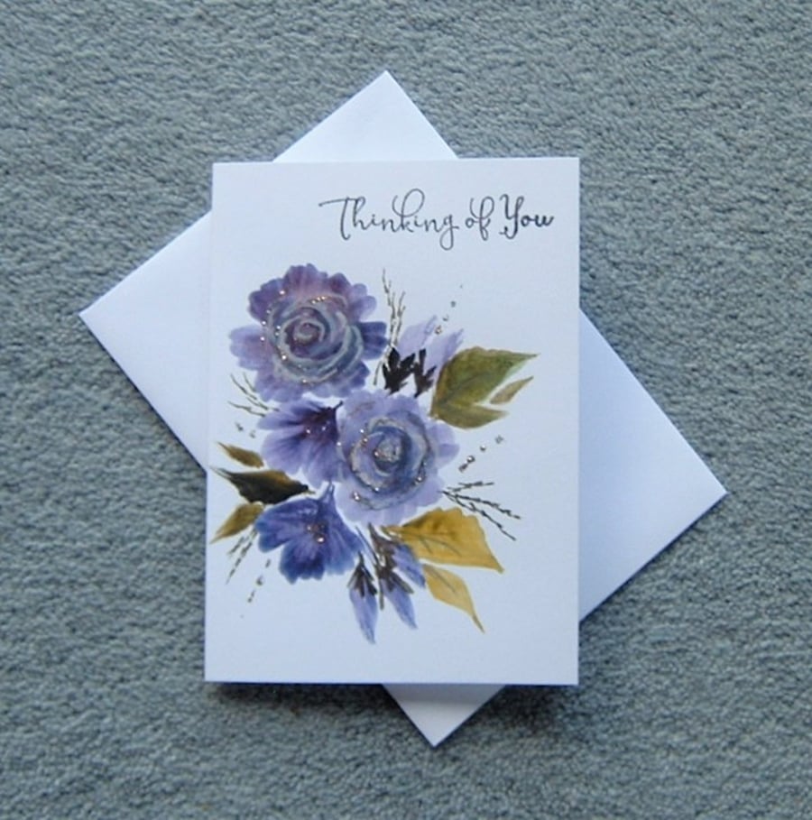 Thinking of you hand painted roses glitter sentiment greetings card ( ref F 178 