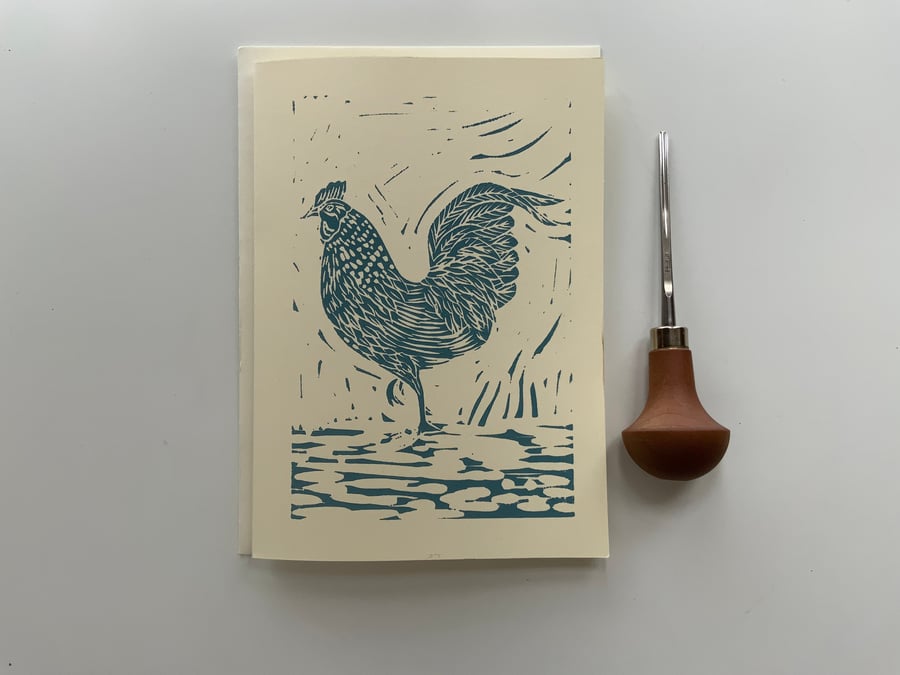 Linocut print- cockerel- greetings card - A5 - Cream card - Handprinted - Blank 