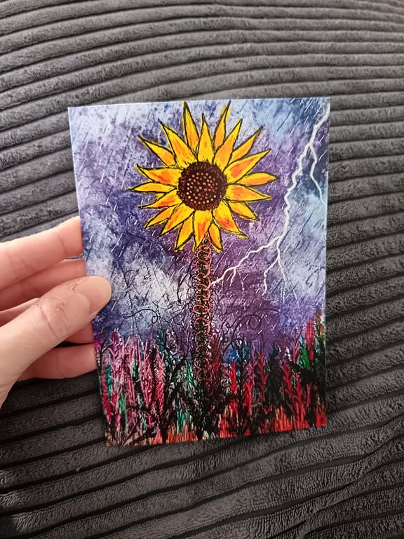 A6 art print blank greetings card: Sunflower in a Storm