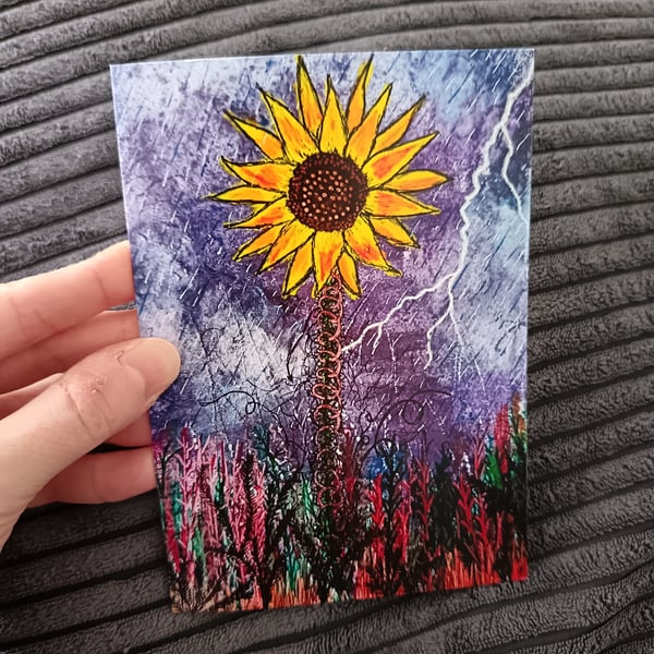 A6 art print blank greetings card: Sunflower in a Storm