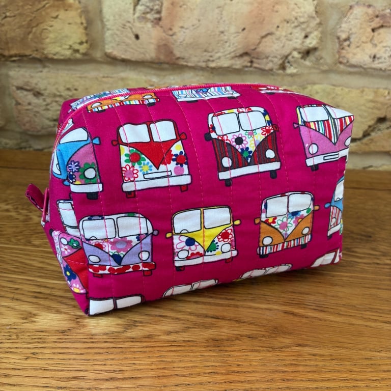 Campervan Print Quilted Fabric Box Shape Makeup Bag