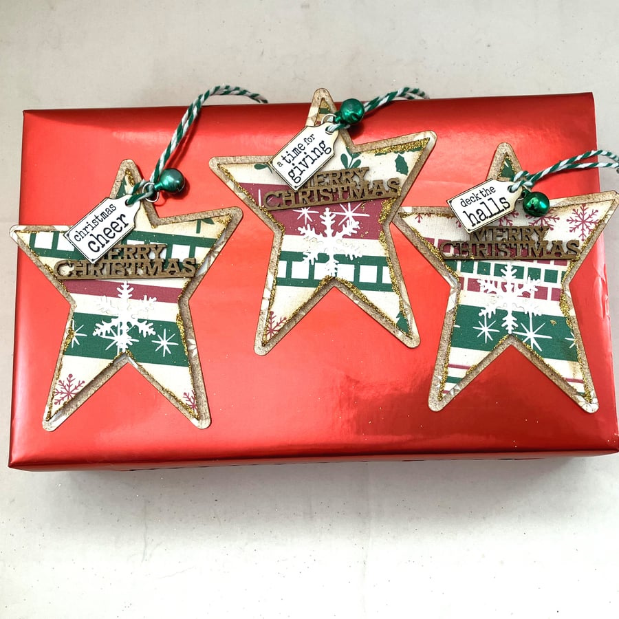 Handmade star jingle bell Christmas gift tags