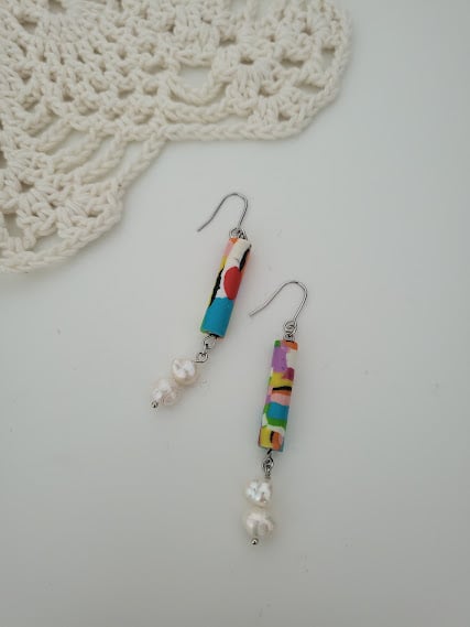 Handmade Abstract Pattern Polymer Clay Earrings - Rainbow Cascade Earrings