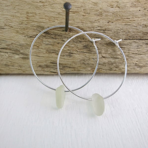 Cornish Sea Glass on 30mm Hoop Earrings - White