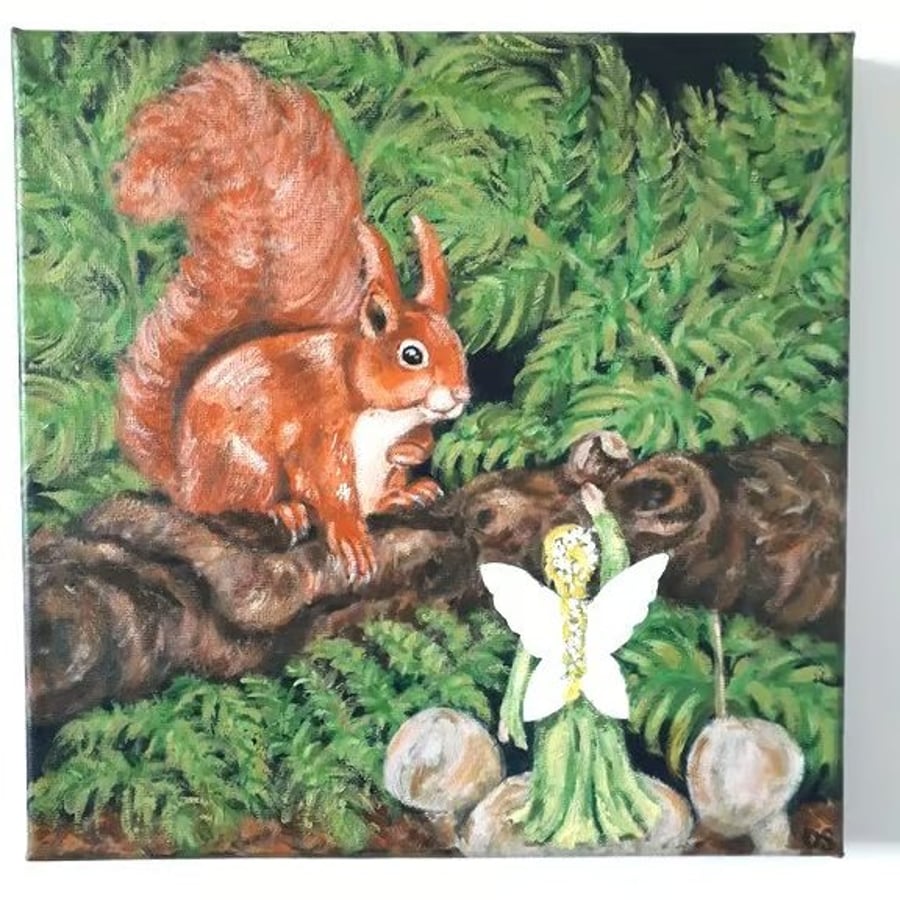 Fairy friends, original painting.  A fairy offering a red squirrel a hazelnut.  