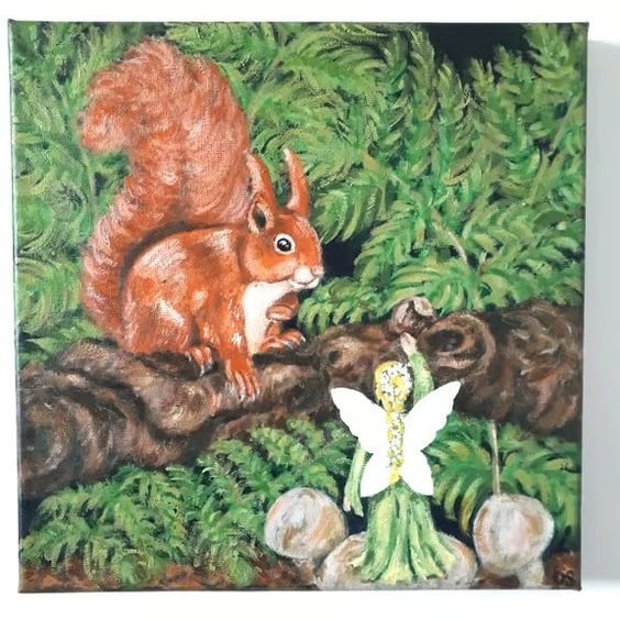 Fairy friends, original painting.  A fairy offering a red squirrel a hazelnut.  