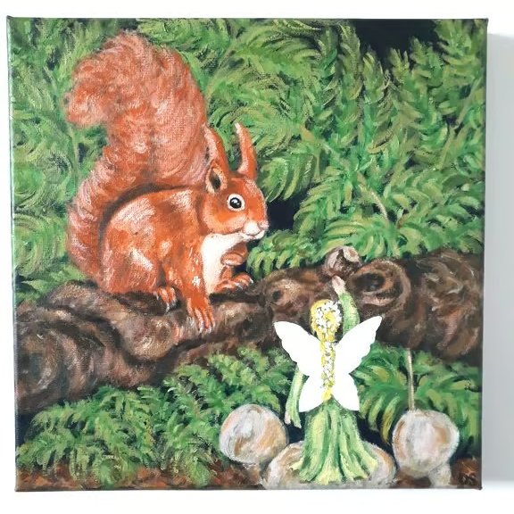 Fairy friends, original painting.  A fairy offering a red squirrel a hazelnut.  