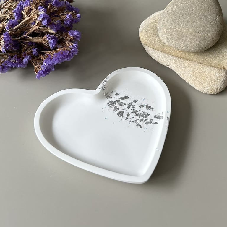 White Heart Shaped Tray with Silver Leaf and Rose Quartz