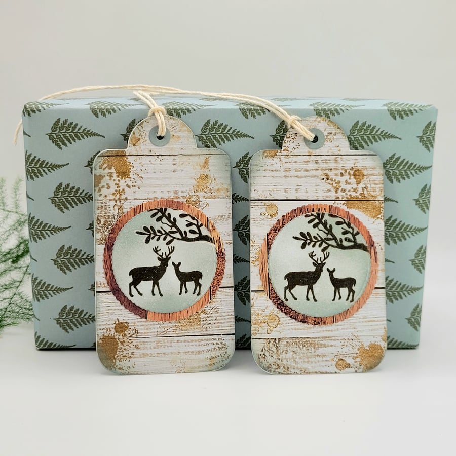 Handmade Gift Tags - set of 2  deer textured gift tag birthday christmas