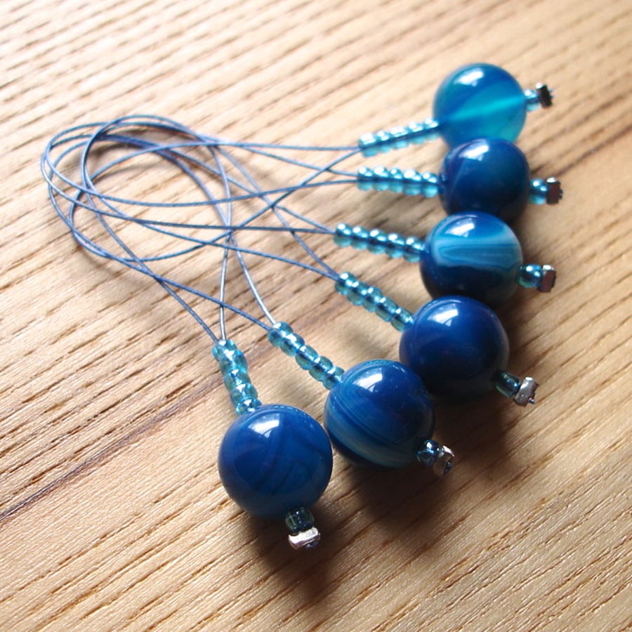 Large Blue Agate Bead Knitting Stitch Markers pack of 6