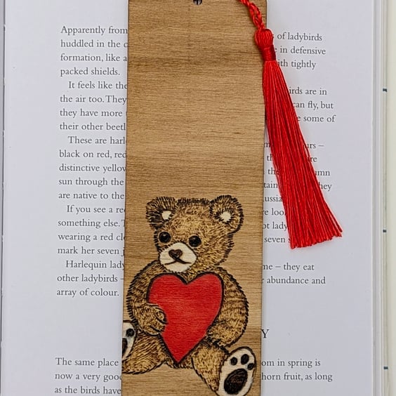 Teddy bear and heart pyrography wooden bookmark, Valentine's, mother's day gift