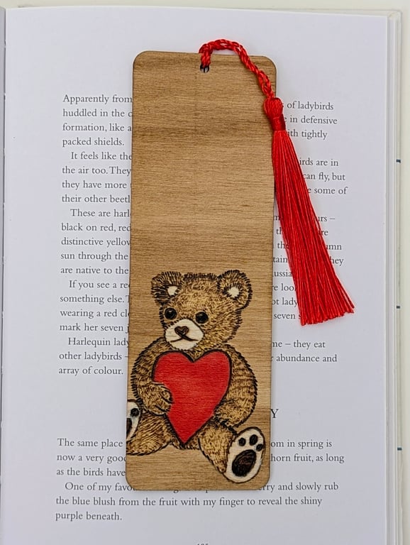 Teddy bear and heart pyrography wooden bookmark, Valentine's, mother's day gift