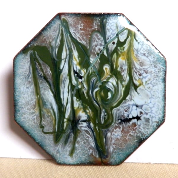 dark green scrolled over pale blue with hints of white and dark pink - brooch
