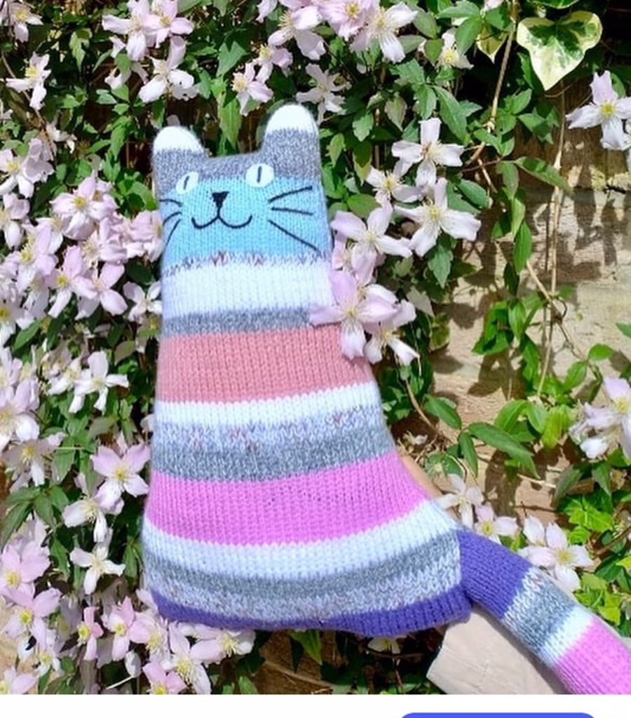 Tabby pink blue stuffed cat - Hand knitted soft toy - nursery cat decor